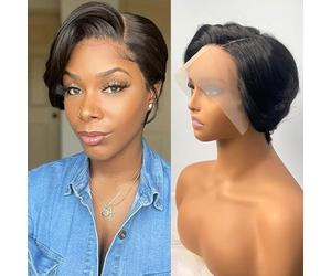 SHUNHUIXC Perruque de cheveux humains avec dentelle frontale de 33 x 10,2 cm, coupe pixie courte, sans colle, pour femme noire, densité de 180 %, ligne de cheveux naturelle, noir naturel