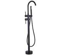 SHUNLI Robinet de Baignoire avec Douchette pour Salle de Bain丨Laiton Baignoire Robinet Mitigeur au Sol丨Autoportant Melangeur Baignoire Îlot Sur Pied avec Poignée丨Noir