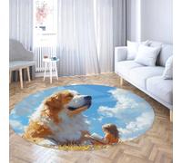 SHUODAOCO Animal Chien Motif Rond Tapis 120cm - Base Bleue Lavable à Poils Ras Cercle Tapis Herbe Ciel Impression pour Chambre à Coucher Salle de Jeux Home Decor entrée