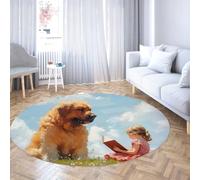 SHUODAOCO Base Bleue Lavable à Poils Ras Chambre Cercle Tapis 100cm - Animal Chien Motif Salle de Classe Tapis Ronds Herbe Ciel Impression pour Salle de Jeux entrée