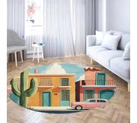 SHUODAOCO Moderne Ville Cactus rétro Voiture Art Rond Tapis 160cm - Boho Chambre à Coucher à Poils Ras Pliable Cercle Tapis pour Salon décoration intérieure Patio Salle d’Exposition