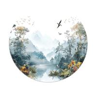 SHUODAOCO Peinture de Paysage Chinois Tapis Ronds 180cm - Lavable Tapis de Cercle à Poils Ras Montagnes Lac Oiseaux Arbres pour Chambre à Coucher Salle d’étude Canapé