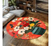 SHUODAOCO Vibrant Retro Floral Rond Tapis 90cm - Sarcelle Vase Bouquet Cercle Tapis Doux Non Glissant Poils Bas pour Entrée Salle À Manger Home Decor Hôtel
