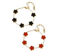 SHUOHONG 2 Pièce Bracelet Trefle À Cinq Feuilles, Bijoux pour Femmes Porte Bonheur, Bijoux Acier Inoxydable Femme Bracelet Personnalisé Femme Ête des Mères Cadeau de Noël pour Les Femmes (Rouge+Noir)