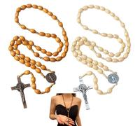 SHUOHONG 2 Pièces Croix Saintes Bijoux Religieux Cadeaux pour Femmes Hommes, Collier Femme Chapelet de Prière Délicat Simple Croix Collier Personnalisé en Perles Bois Bijoux Église (Marron+Blanc)