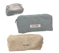 SHUOHONG 2 Pièces Trousse Scolaire à Crayons Velours Côtelé Grande Capacité, Sac de Rangement Portable Trousse, Simple Trousses à Crayons Zippée, Ecole pour Fille Garçon (Bleu-Gris+Lapin Rose)