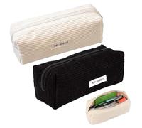 SHUOHONG 2 Pièces Trousse Scolaire Velours Côtelé Grande Capacité, Sac de Rangement Portable, Trousse à Crayons Zippée Simple pour Fille Garçon (Noir+Blanc)