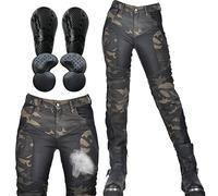 SHUOJIA Jeans de moto pour femme Pantalon en denim camouflage avec maille respirante et protections amovibles pour les hanches et les genoux (Green,XS)