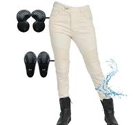 SHUOJIA Pantalon de moto en jean femme chevalier,Beige pantalon d'équitation décontracté élastique coupe-vent imperméable pantalon de moto avec 2 paires de protection hanche et genou amovible (XS)