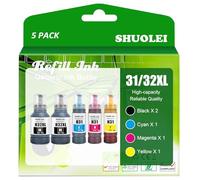 SHUOLEI 31 32XL Lot de 5 bouteilles d'encre de rechange compatibles avec imprimante HP31 32 XL Fonctionne avec Smart Tank 7301 6001 7602 5101 7001 Smart Tank Plus 551 651 455 457 450 (lot de 5, 2