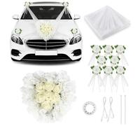 Shuqio Décoration Voiture Mariage Blanc, Fleurs Artificielles et Tulle | Kit décoration voiture mariage composé de bouquet, nœuds floraux et tulle blanc pour la voiture des mariés.