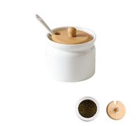 Shuqio Pots à épices en céramique avec couvercle, boîte à sucre blanche, boîte à café hermétique avec une petite cuillère en céramique pour café, sucre, thé, épices, etc. (180 ml, 6,8 x 8 cm)