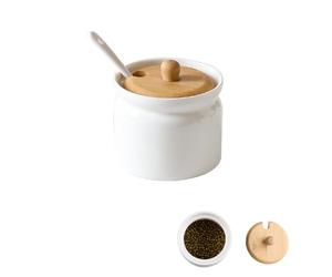 Shuqio Pots à épices en céramique avec couvercle, boîte à sucre blanche, boîte à café hermétique avec une petite cuillère en céramique pour café, sucre, thé, épices, etc. (180 ml, 6,8 x 8 cm)