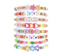 Shurhome Lot de 8 bracelets tendance réglables avec perles de Bohême avec pendentif d'amour, couleurs arc-en-ciel, cadeau pour femmes et filles, bracelets d'amitié réglables faits à la main