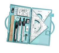 Shurzzesj Ensemble de géométrie - Kit de dessin - Kit de géométrie professionnelle de 16 pièces avec règles en métal - Compas et rapporteur - Kit de dessin avec crayons à dessin - Règle