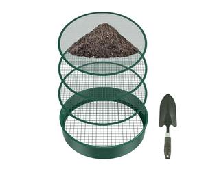 Shurzzesj Tamis de sol de jardin, tamis de jardinage en métal, tamis à sable, tamis à sable, équipement professionnel pour débutants avec 4 filtres en maille et pelle pour terres agricoles, serres
