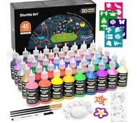 Shuttle Art 45 Peinture Textile Tissu 3D Permanent 30 ML | Couleurs Métallique Pailletée Néon, Non Toxique, Inclus Pinceaux et Palette pour Vêtement T-Shirt Verre Tissu