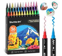 Shuttle Art Feutre Acrylique 36 Couleurs (30 Vibrantes + 6 Métalliques) - Double Pointe (Pinceau & Fine) - Marqueur Acrylique pour Toile, Pierre, Verre, Céramique - Non Toxique - Art Adulte & DIY