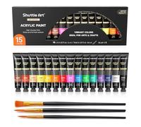 Shuttle Art Kit de Peinture Acrylique 15 Couleurs (12ml) avec 3 Pinceaux, Non Toxique, Peinture Acrylique pour Artistes Adultes sur Toile, Roche, Céramique, Tissu