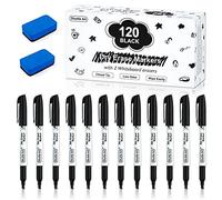 Shuttle Art Lot de 120 marqueurs noirs effaçables à sec pour tableau blanc pointe biseautée parfaits pour écrire sur des tableaux blancs tableaux effaçables à sec miroirs pour école bureau maison