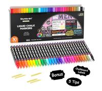 Shuttle Art Lot de 30 marqueurs à craie liquide de couleurs vives pour tableaux noirs, fenêtres, verre, voitures, effaçables, pointe fine réversible de 3 mm avec étiquettes pour tableau noir pour
