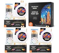 Shuttle Art Lot de 87 kits de peinture acrylique avec 3 paquets de 15 couleurs de peinture acrylique, 3 ensembles de chevalets en bois, toile, pinceaux et palettes, kit de fournitures de peinture