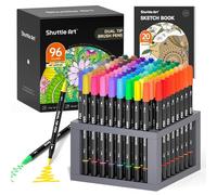 Shuttle Art Lot de 96 marqueurs pinceaux à double pointe fine et pointe pinceau avec porte-stylo et 1 livre de coloriage, feutres de coloriage pour adultes et enfants pour coloriage, calligraphie