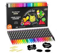 Shuttle Art Marqueur Craie 24 Couleurs (3mm), avec 30 Étiquettes de Tableau | Craie Liquide pour Tableau Noir, Glass, à Base de l’Eau, Effaçable, Chalk Marker à Pointe Biseauté et Ronde