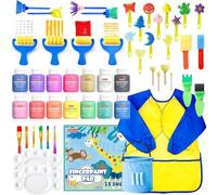 Shuttle Art Peinture au Doigt pour Enfants, Ensemble complet d'outils, Non Toxique, 53 Pièces de Peinture au Doigt Enfant Lavable, 14 Couleurs, Pinceau, Tampon de Peinture, Éponge, Palette, Blouse