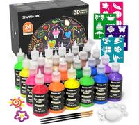 Shuttle Art Peinture Textile 3D Permanent, 24 Couleurs Peinture Tissu Métallique Néon Paillette 30 ML Non Toxique avec Pinceaux et Palette pour Vêtement T-Shirt Verre Tissu pour Enfant Adulte