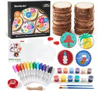 Shuttle Art Rondin de Bois Deco, 35 Pièces Tranches de Bois Naturel 6-7cm, Cerles de Bois Inachevé Pré-percé avec Trou et Accessoires, Craft Wood Kit pour Decoration Noël Artisanat