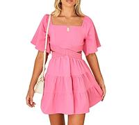 Shy Velvet Mini Robe d'été décontractée à Manches Courtes et col carré pour Femme, Rose, Taille L
