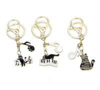 SHYCown Lot de 3 porte-clés chat musical, émail noir et note de musique, porte-clés mignon et breloque de sac pour les amateurs de chat et de musique