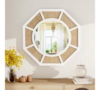 SHYFOY 60 cm Grand miroir mural en rotin, miroirs décoratifs muraux bohème, miroir en rotin naturel tressé pour la ferme, le salon, la chambre à coucher, le cadre blanc