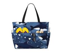 ShyHhts Blue Killer Whale Sac de plage de grande capacité, sac à main pour femme imperméable et résistant au sable, adapté pour les voyages, les vacances à la plage, etc. Noir