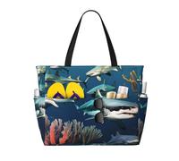 ShyHhts Sharks Under The Sea Sac de plage de grande capacité, sac à main pour femme imperméable et résistant au sable, adapté pour les voyages, les vacances à la plage, etc.