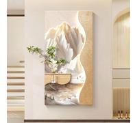 SHYJSGHZ Art Mural LED 3D avec étagère intégrée et Vase en Verre, décoration Murale de Paysage de Montagne avec Fausse Plante, Image Verticale de Texture de grès for entrée(Beige B,19.7x39.4in)