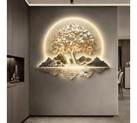 SHYJSGHZ Décoration murale LED 3D à intensité variable, sculpture murale d'arbre d'argent doré et de paysage de montagne, image lumineuse moderne for salon, entrée, hall d'entrée(A,45.3x39.0in)