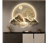SHYJSGHZ Décoration murale LED 3D à intensité variable, sculpture murale d'arbre d'argent doré et de paysage de montagne, image lumineuse moderne for salon, entrée, hall d'entrée(B,29.5x25.6in)