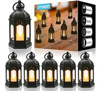 SHYMERY Lot de 6 mini lanternes avec bougies LED vacillantes - Lanternes décoratives vintage noires à suspendre pour Halloween, décorations de mariage, Noël, centre de table, piles incluses