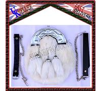 SHYNE KILTS U.K Complet Robe Bourse Blanc Lapin Fourrure et Troussequin Celtique Chromé 3 Glands Blanc