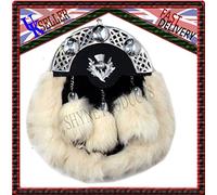 SHYNE KILTS U.K Full Troussequin Robe Bourse Blanc Lapin Fourrure et chromé avec Motif Celtique Chardon écossais