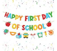 Shzbtdo Bannière pré-enfilée « Happy First Day of School » - Décorations à paillettes pour le premier jour de la maternelle pour salle de classe, décorations scolaires de bienvenue pour les élèves de