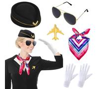 SHZMJL Lot de 5 costumes d'hôtesse de vol pour femme, accessoires de costume de pilote pour homme, accessoires de déguisement de compagnie aérienne, y compris chapeau, écharpe, lunettes de soleil
