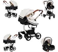 Sianldcone Cuir PU Poussette 3 en 1, Tissus Haut de Gamme Poussette Bebe, Poussoir Bidirectionnel Poussette Avec Cosy, Vision Buverte Poussettes Combinées (518 White)