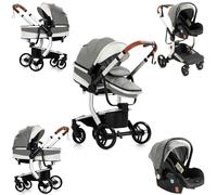 Sianldcone Cuir PU Poussette 3 en 1 Trio Bébé, Tissus de Haute Qualité Landau pour Bébé Poussée Bidirectionnelle Poussette Réversible, Vision Ouverte Poussette Trolley (518 Grey)