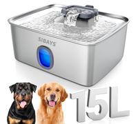 Sibays Fontaine a Eau Chat INOX, 15L Grande Fontaine a Eau Chien avec Zone de Boisson Plus Large, Super Silencieuse Fontaine à Eau pour Chat avec LED & Filtre, Adieu aux Remplissages Fréquents