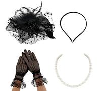 Sibba 3 Pièces Chapeaux Fascinateurs Pour Femmes Plumes Voile Chapeau En Maille Gants En Dentelle Collier Ras Du Cou En Perles Pince À Thé Accessoires De Cheveux Pour Fête Église Mariage