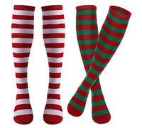 Sibba Striped Long Socks Tights Costume Color Sox Stockings Shoes Accessories Red Knee-High Christmas Clothes Gothic for School Halloween Cosplay Party Girl Women, Rouge avec vert, 65 x 8 cm / 25.6 x