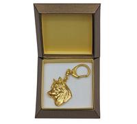Siberian Husky Porte-clés Doré Avec Chien En Boîte Cadeau